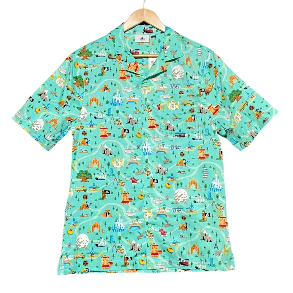 Disney Park Life Button-up Woven Short Sleeve Camp Shirt AOP Mens Small Teal NWT